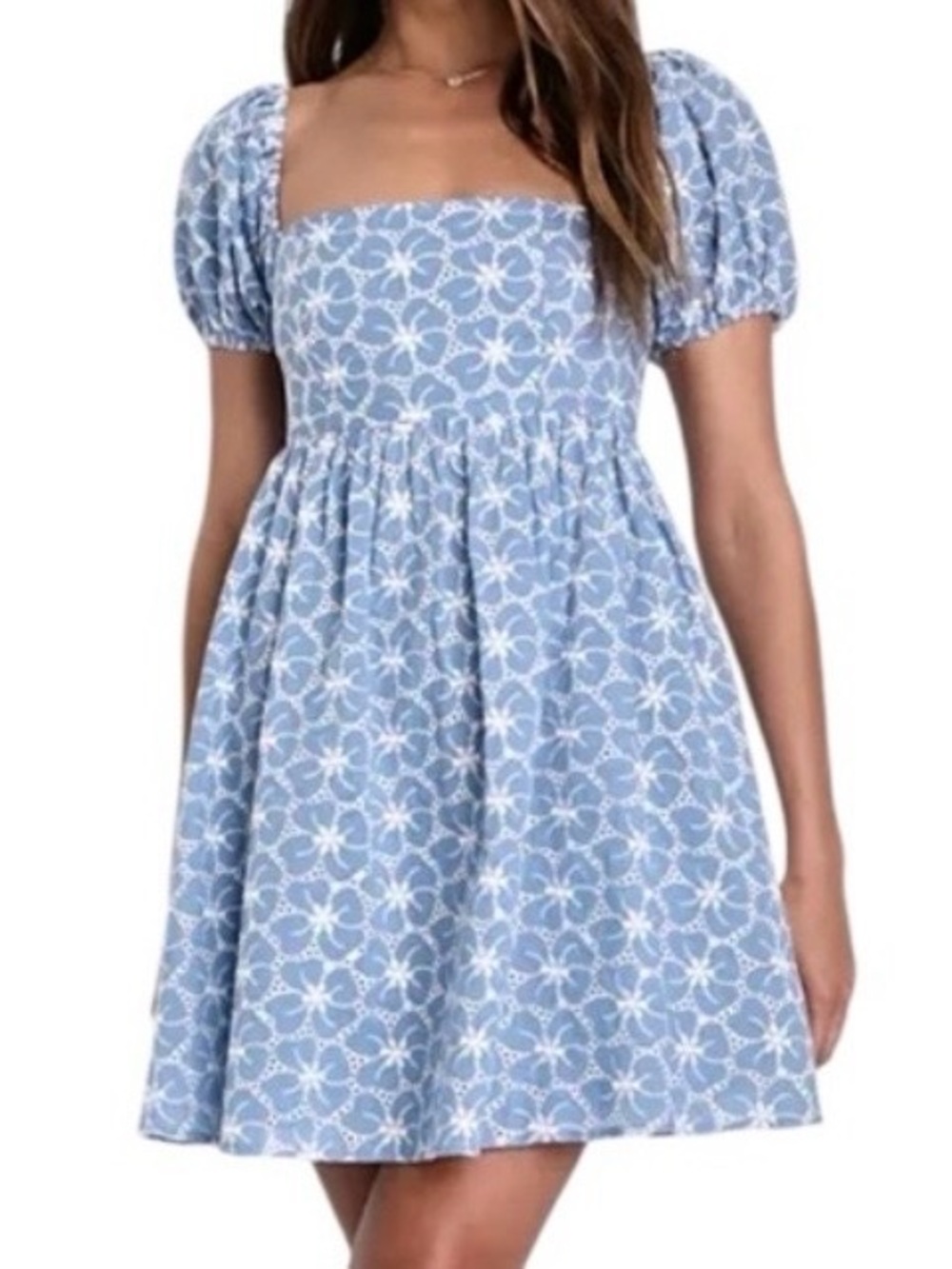 Lulus Fit to Frolic Blue Eyelet Lace Puff Sleeve Babydoll Dress New